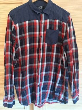 Men's Plaid Button-Down Shirt in Red & Navy - Casual Long Sleeve